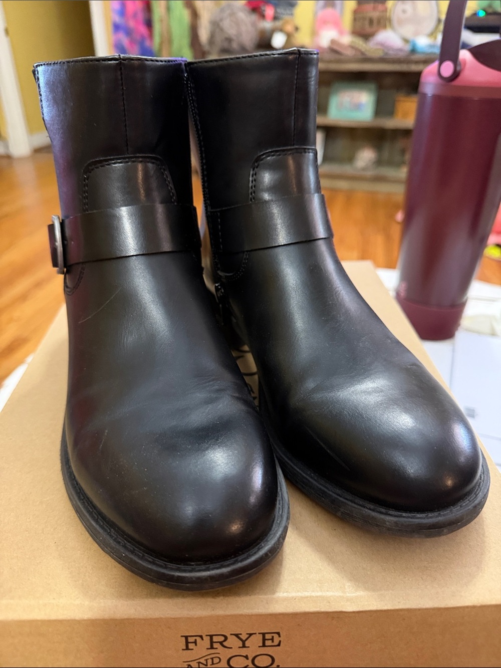 FRYE AND CO. Black Leather Harness Ankle Boots